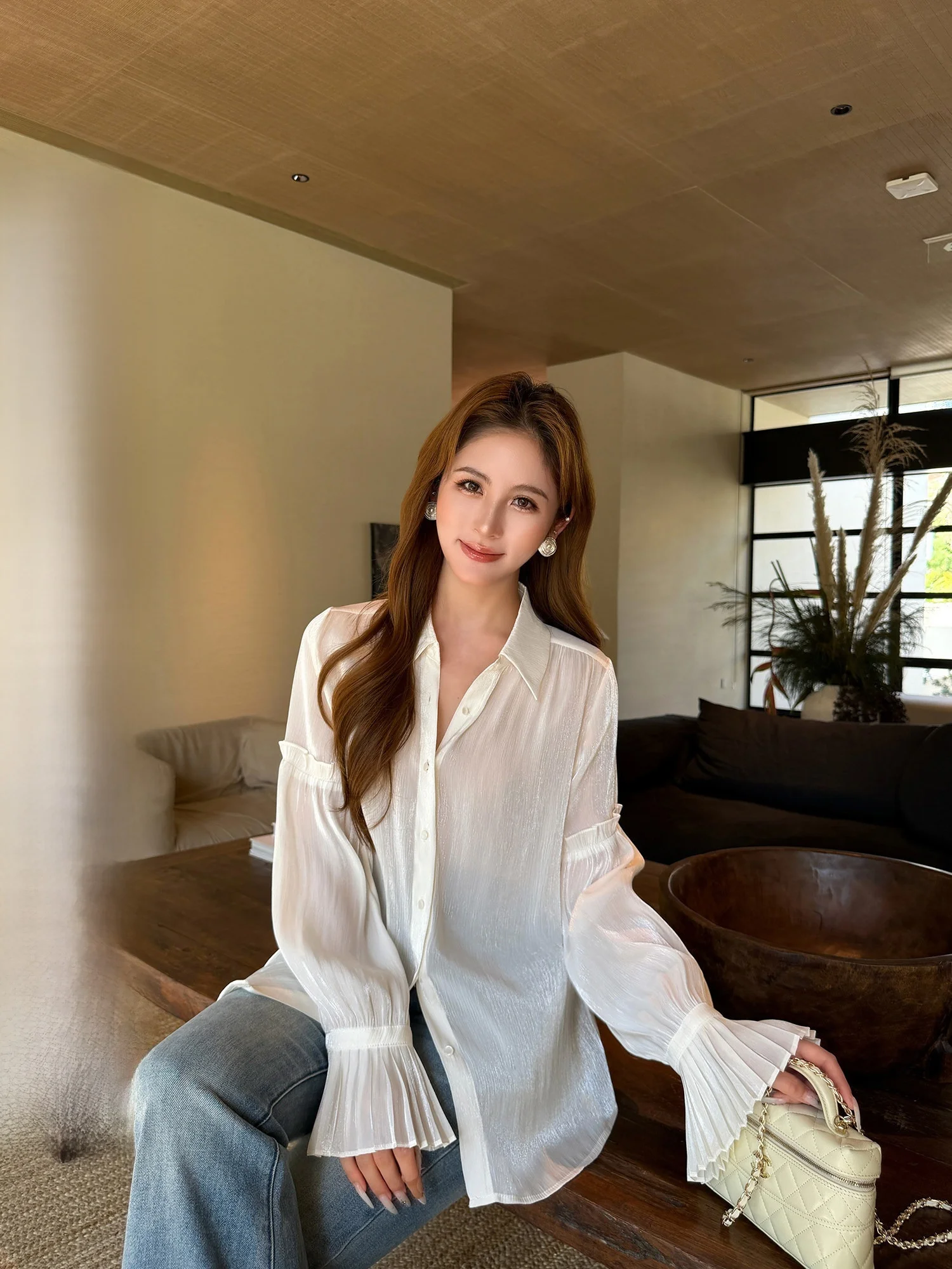 

NEVA HU Women's Shirt Design Sensation Thin Bell Sleeve Wood Grain Casual Loose Fit Long Sleeve Polyester Fiber