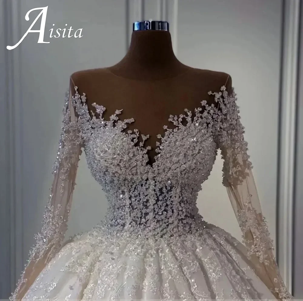 Elegant O-Neck Lace Applique Long Sleeve A-Line Wedding Dress 2026 Latest Beaded Pearl Brown Skin Wedding Dress For Women