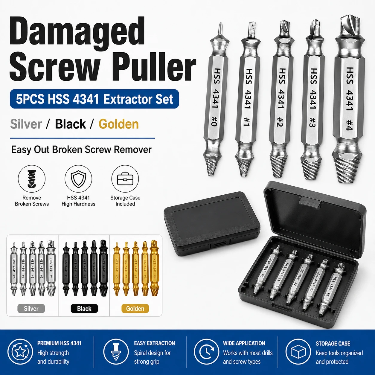 5Pcs/set HSS Screw Extractor Set, Damaged Broken Bolt Remover Drill Bits Stripped Screw Extractor Easy Out Removal Tool