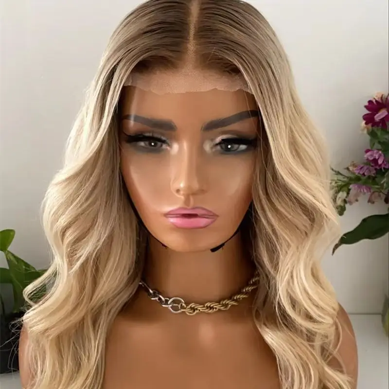 Perruque Body Wave Lace Front Wig sans colle naturelle-Dark Roots, cheveux blonds platine ombré, 13x4, HD, perruque Lace Wig transparente, 100% cheveux humains, pour femmes