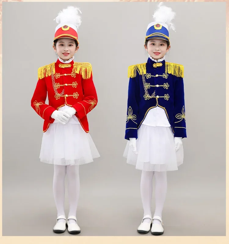 Kids Honor Guard Trumpet Team Costume Soldier Uniform Hat Honor Guard Uniform-Primary and Secondary School Student Drum Uniforms