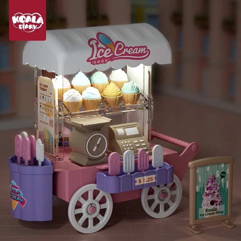 Koala Diary Children Play House Toy Simulation Ice Cream Vending Car Miniature Miniature Scene Dollhouse Accessories With Lights