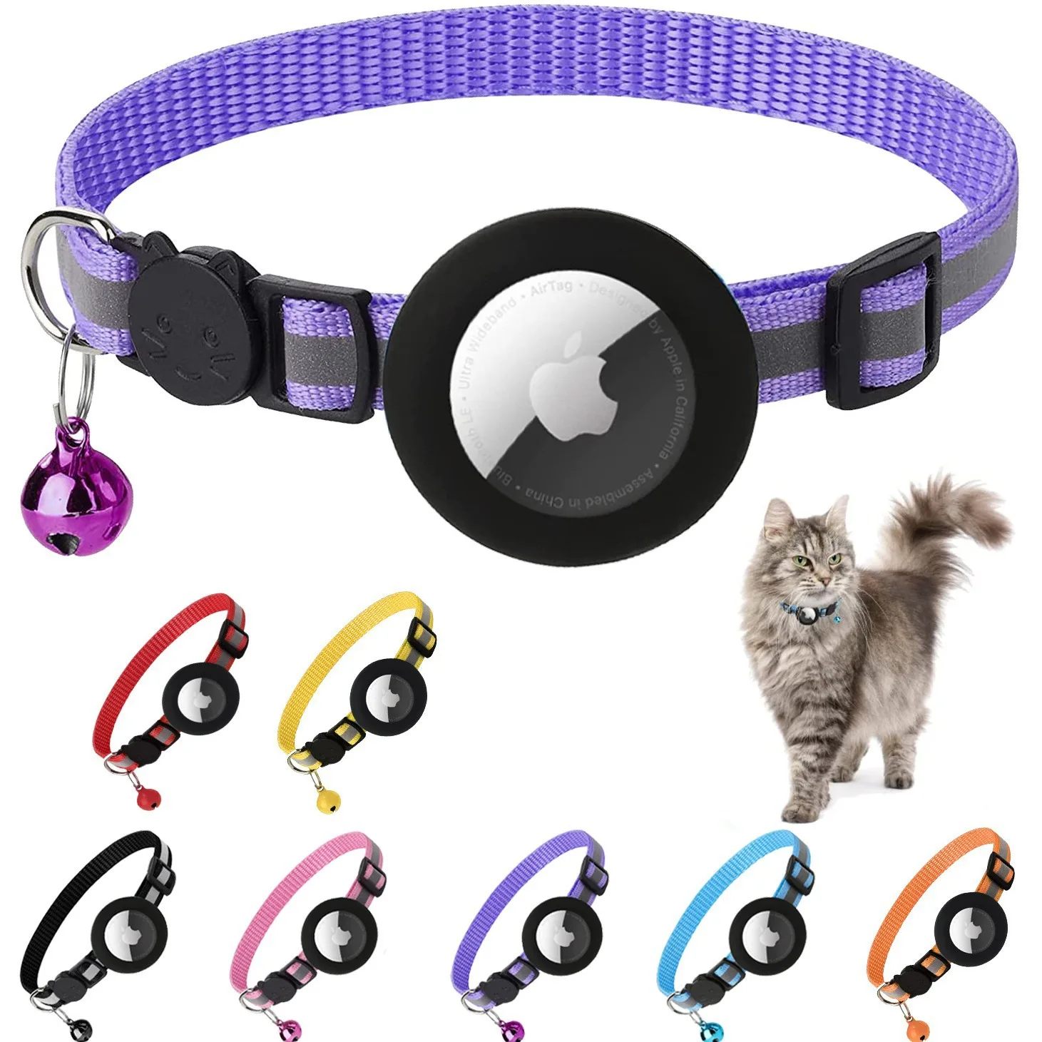 Cat AirTag Holder Collar Breakaway Reflective Strips Adjustable Kitten Collar Waterproof Cat Bell Collar Pet Air Tag Case collar