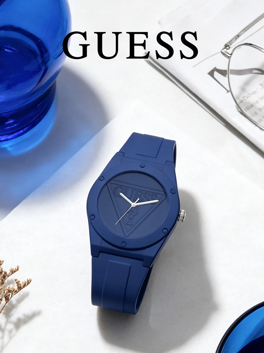 Guess Women Analog Quartz Watch, Resin Case, Navy Blue Silicone Strap, Embossed  Dial, Mineral Glass, 30M Water   W0979L4