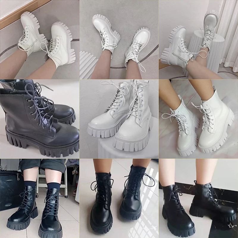 Lucyever Chunky Platform Ankle Boots Women Pu Leather Square Heels Combat Boots Woman Lace Up White Black Short Booties Female