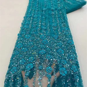 نسيج الدانتيل الأفريقي مع 3D زهرة مطرزة الترتر الخرز تول حزب اللباس عالية الجودة 2024 أعلى 12 مبيعات 3D النسيج - No7