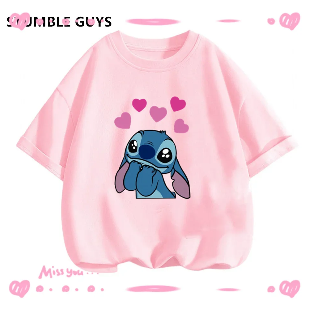 

3-14Y Kawaii Stitch T-Shirt Kids Summer Disney Neon Print Casual Short Sleeve Boys Girls Sportswear Jersey Clothes