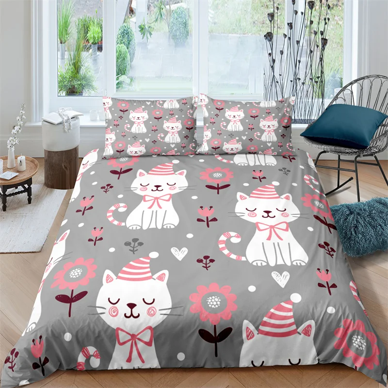 

Home Textile Luxury 3D Cute Cartoon Cat Print 2/3Pcs Kids Duvet Cover Pillowcase Bedding Set Single Queen and King AU/EU/US Size