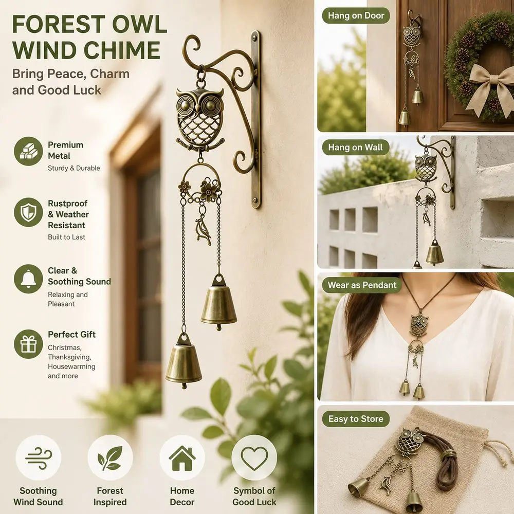 Metal Wind Chime Owl Wind Chime Metal Double Bells Owl Hanging Ornament Butterfly Detail Owl Shape Hanging Ring Home Decor