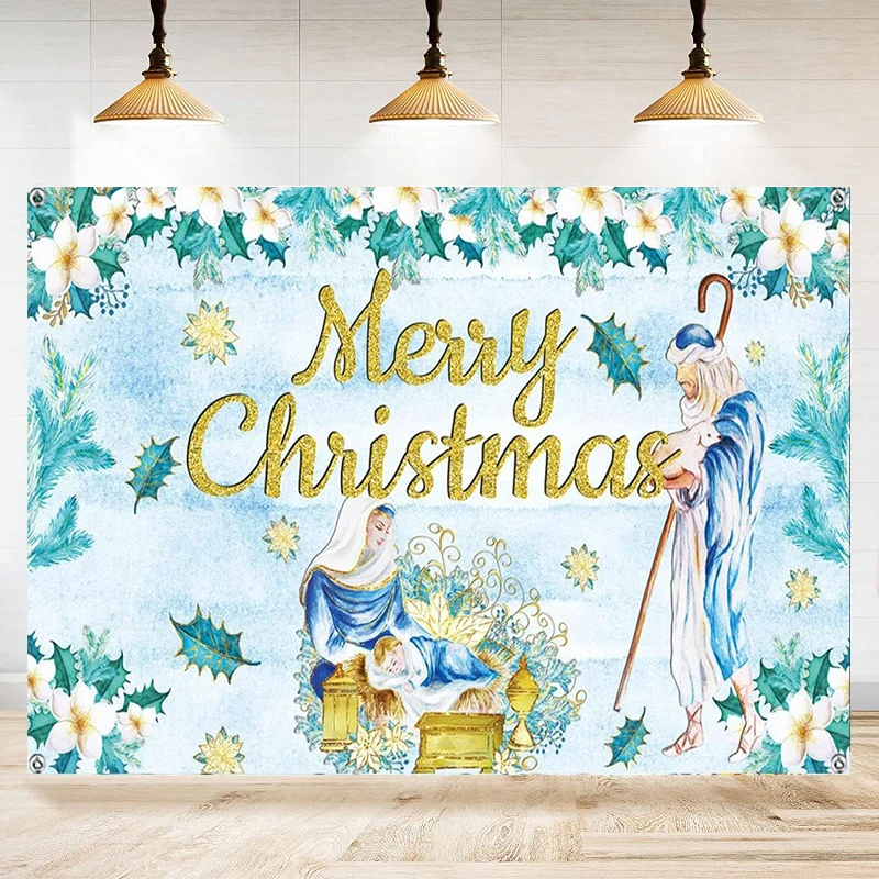 Jesus Birth Photography Backdrop Watercolor Holy Nativity Merry Blue Gold Background Nativity Decoration Banner