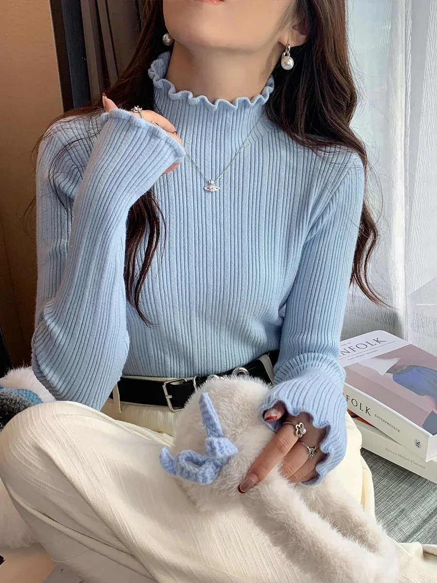 2025 Tops suaves de manga larga para mujer, jerséis de punto con cuello alto para otoño e invierno, suéter fruncido versátil informal, Top de capa Base delgada