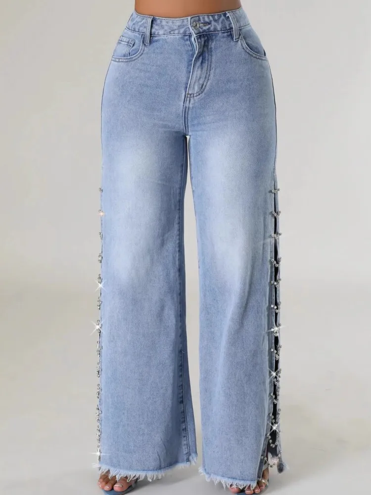 

Женские широкие брюки с высокой талией, блестящие прямые брюки, длинные джинсы, повседневные модные брюки, осень-зима 2024, новые джинсовые брюки