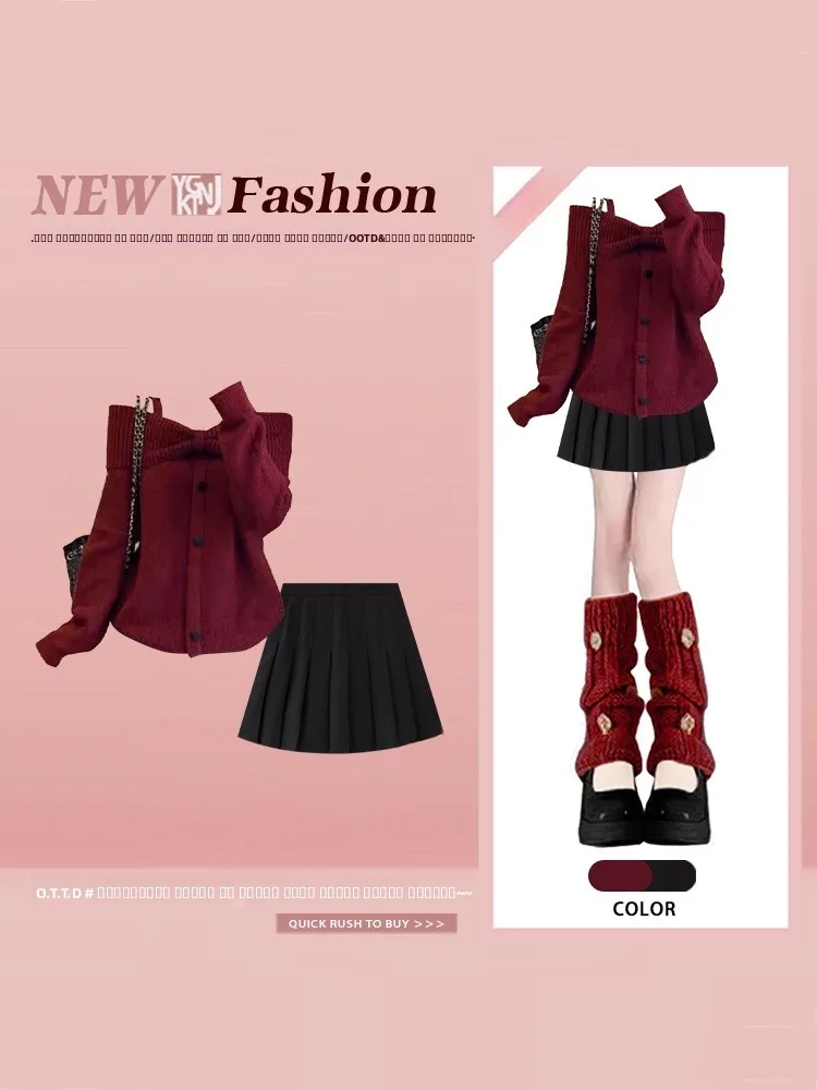 

Sweet Christmas Knot One Shoulder Button Knitted Sweater Red Top Winter Gored Skirt Set High Waist Short Skirt