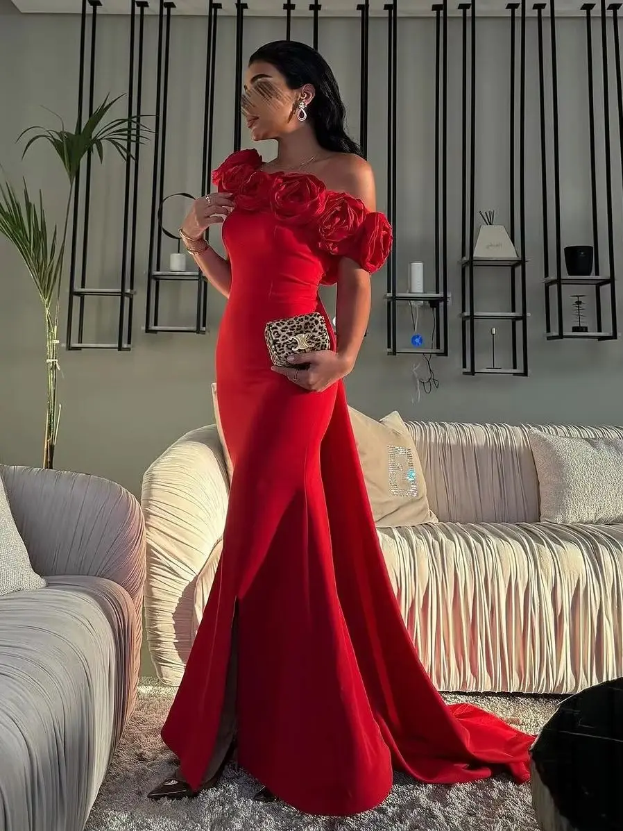 

Red 3d Flowers Off-The-Shoulder Evening Dresses Floor-Length Detachable Train Bridal Gowns Women'S Wedding Party Dress