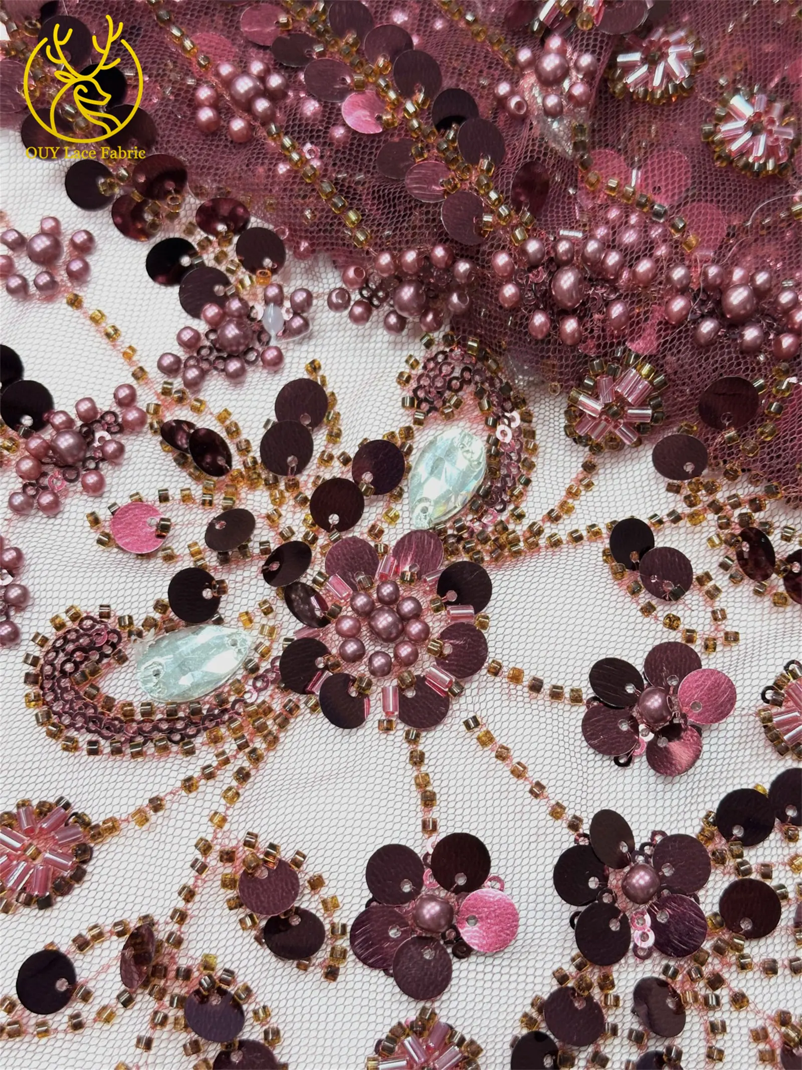 Afrikanischer Spitzenstoff in Traubenlila, französische Pailletten, bestickte Spitze, glitzernde Strass-Spitze für Brautkleider zum Nähen – Detail 22