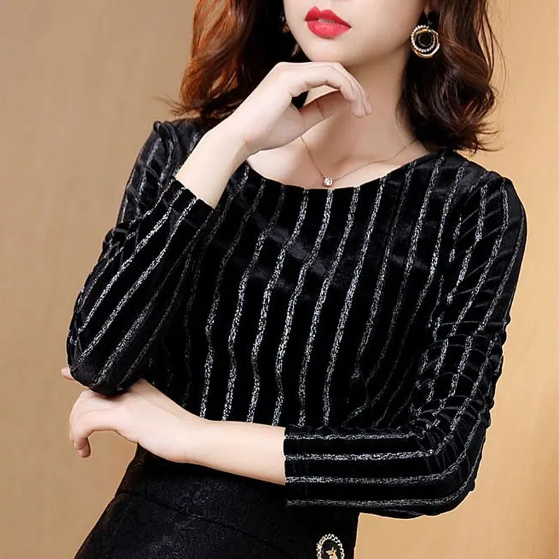 Commute Striped Waist Velvet Pullovers Autumn Winter All-match Long Sleeve Women\'s Clothing Casual O-Neck Korean Slim T-shirt