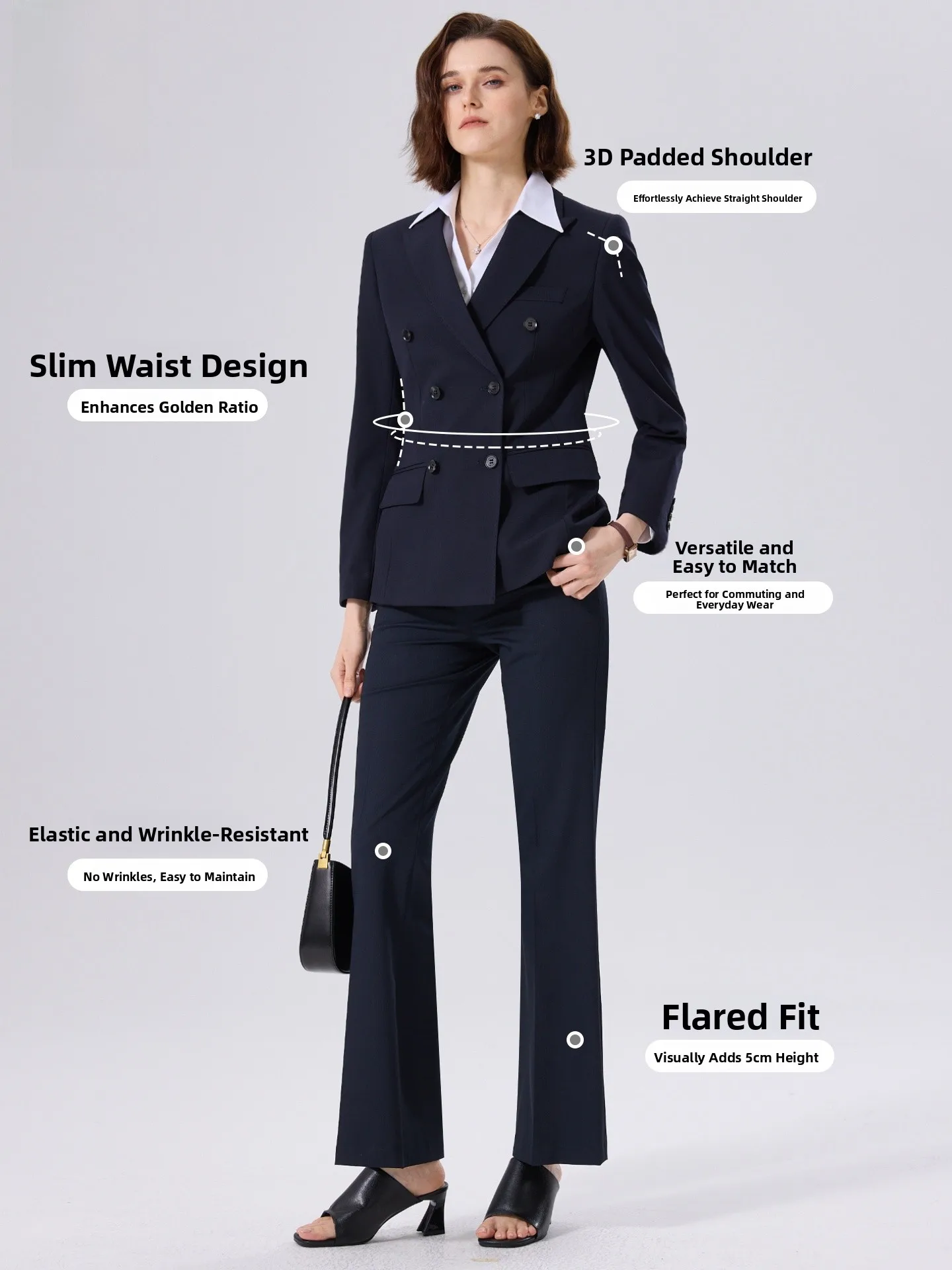 Romon Black Double-Breasted Women's Suit Set Formal Interview Professional Outerwear Crisp  Standard Fit Long Sleeve