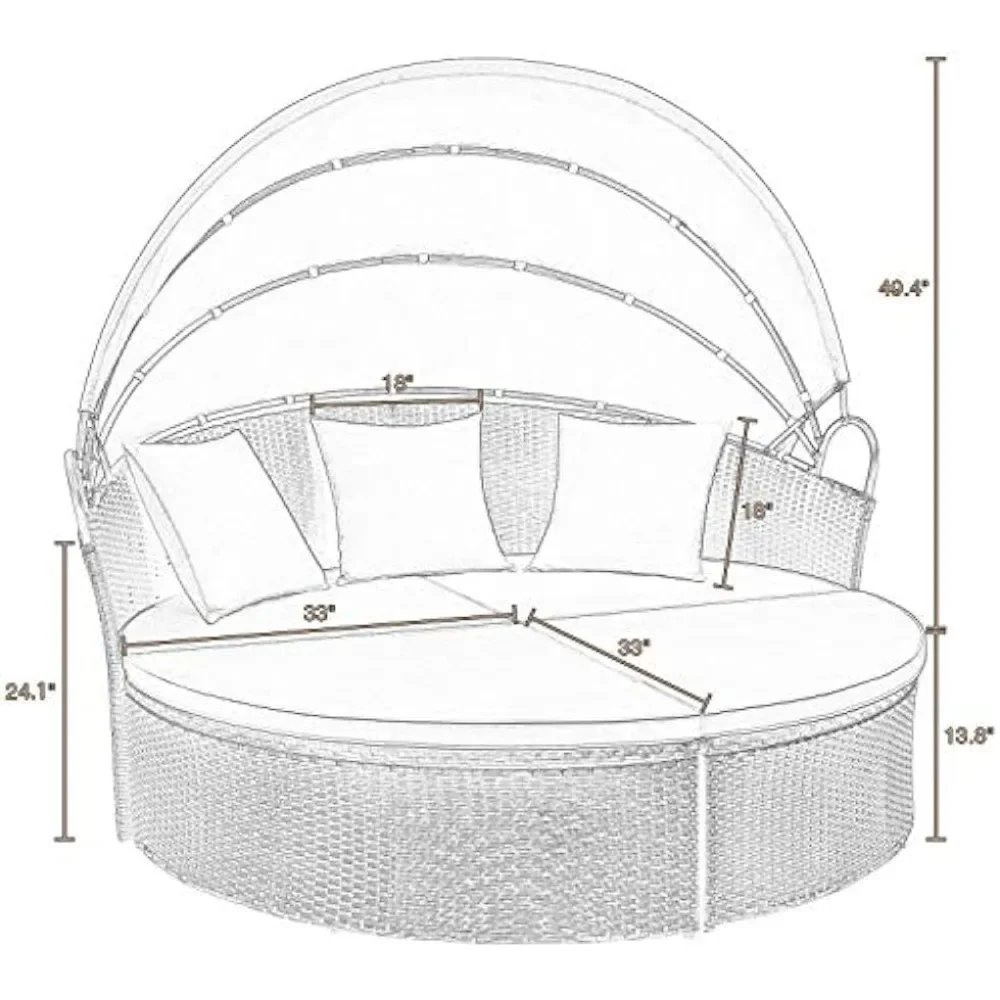 for Patio Furniture Outdoor Round Daybed with Retractable Canopy Wicker Rattan Separated Seating Sectional Sofa