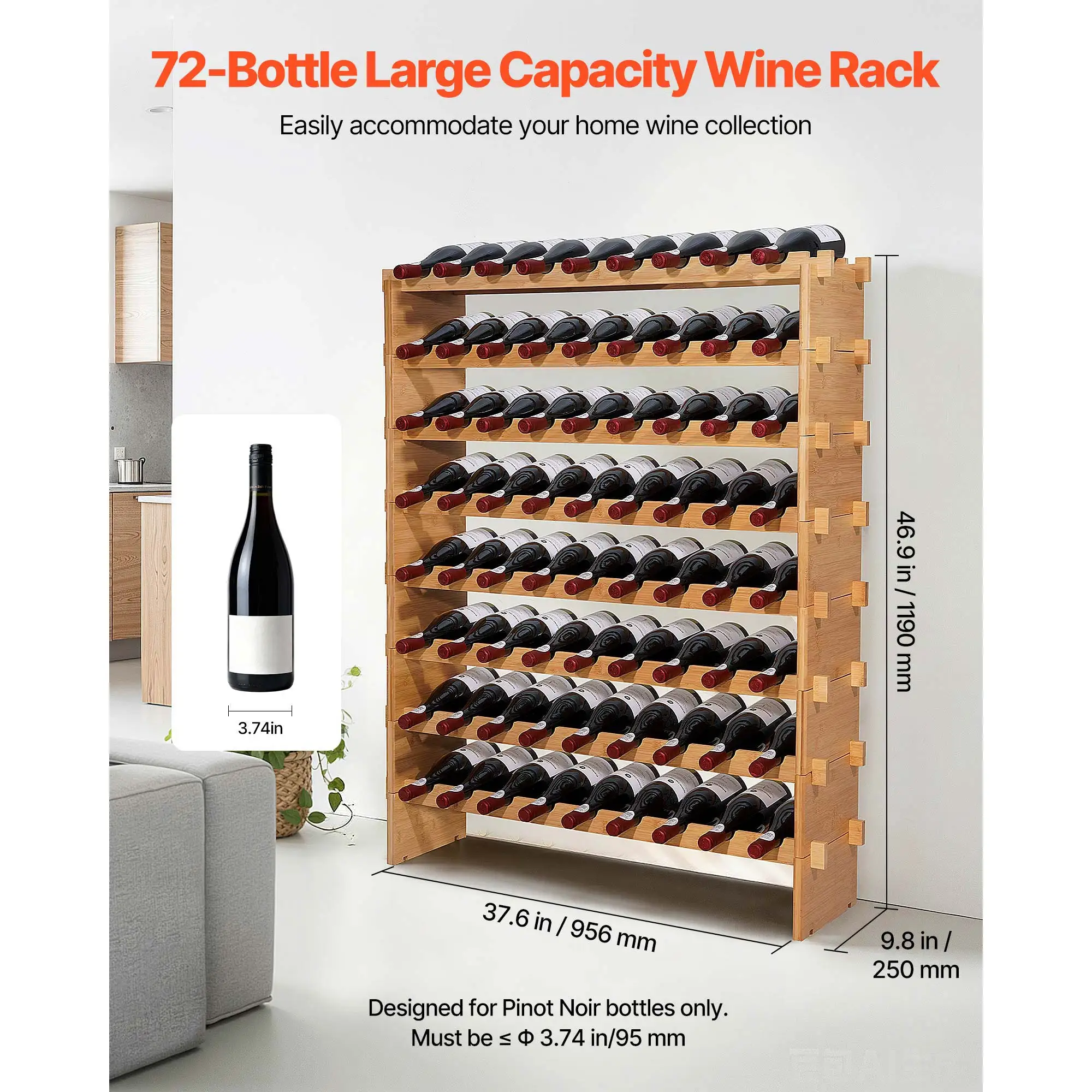 VEVOR 72 Bottle Stackable Modular Wine Rack 8-Tier Floor Freestanding Wine Storage Rack for Kitchen Cellar and Bar Natural