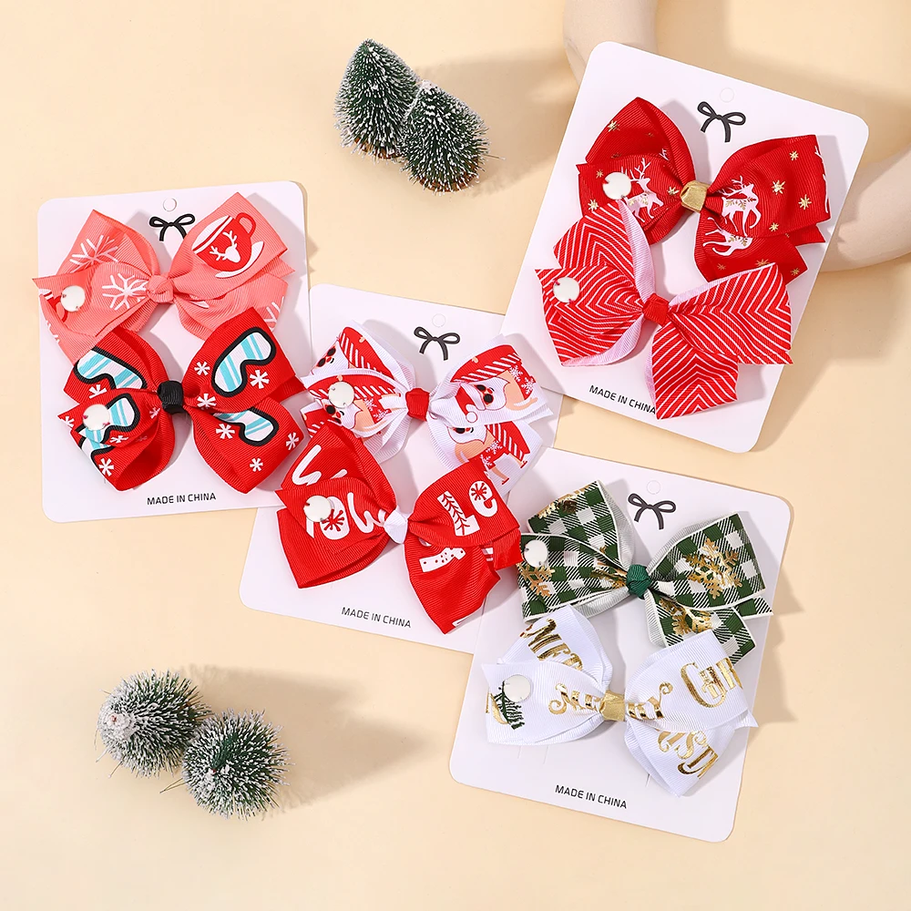 2Pcs/set 5inch Christmas Print Hair Bow with Clips for Baby Girls Sweet Ribbon Headwear Hairpins Party Goth Kids Hair Accessorie