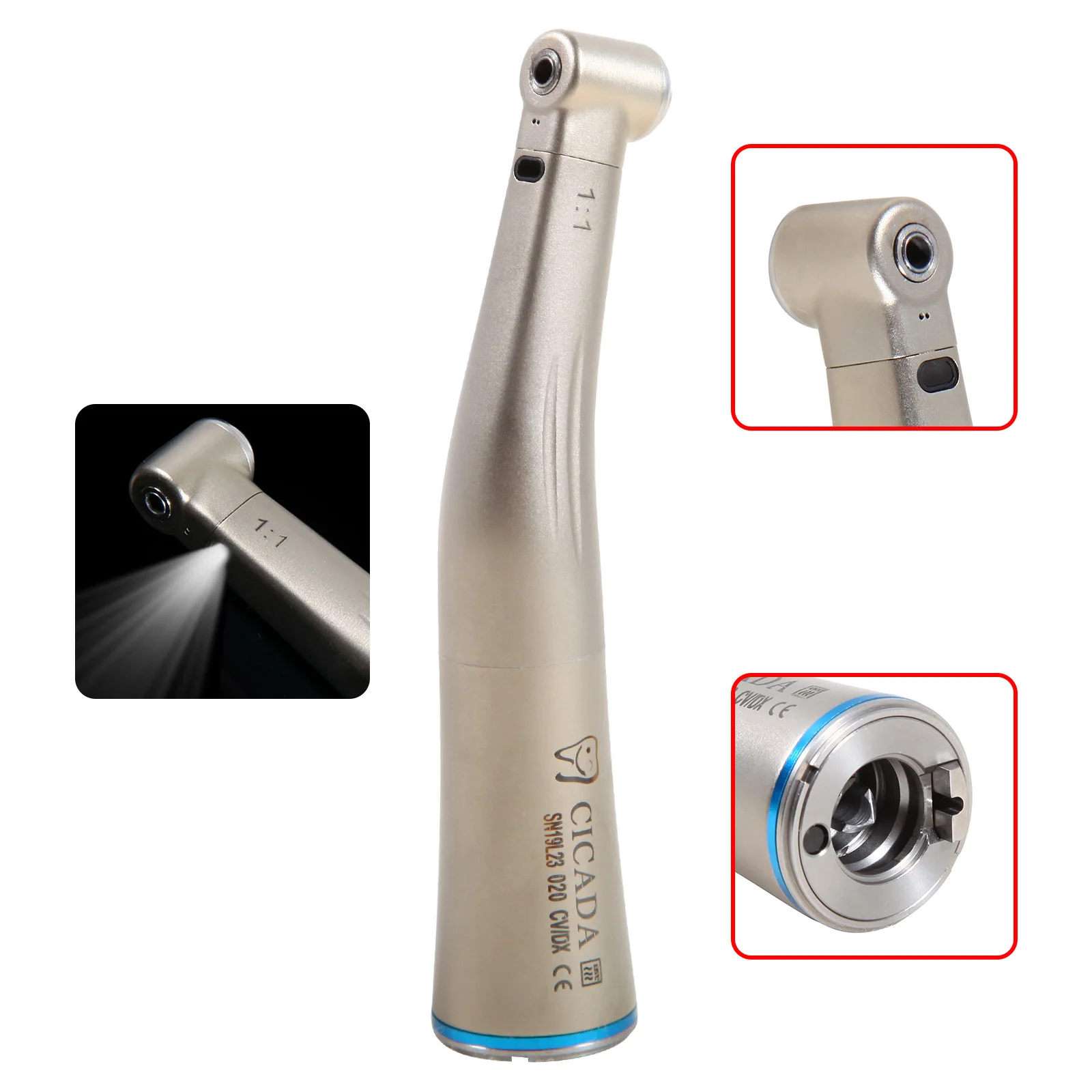 1:1 LED Fiber Optic Dental Contra Angle Low Speed Handpiece Push Button Inner Spray CICADA