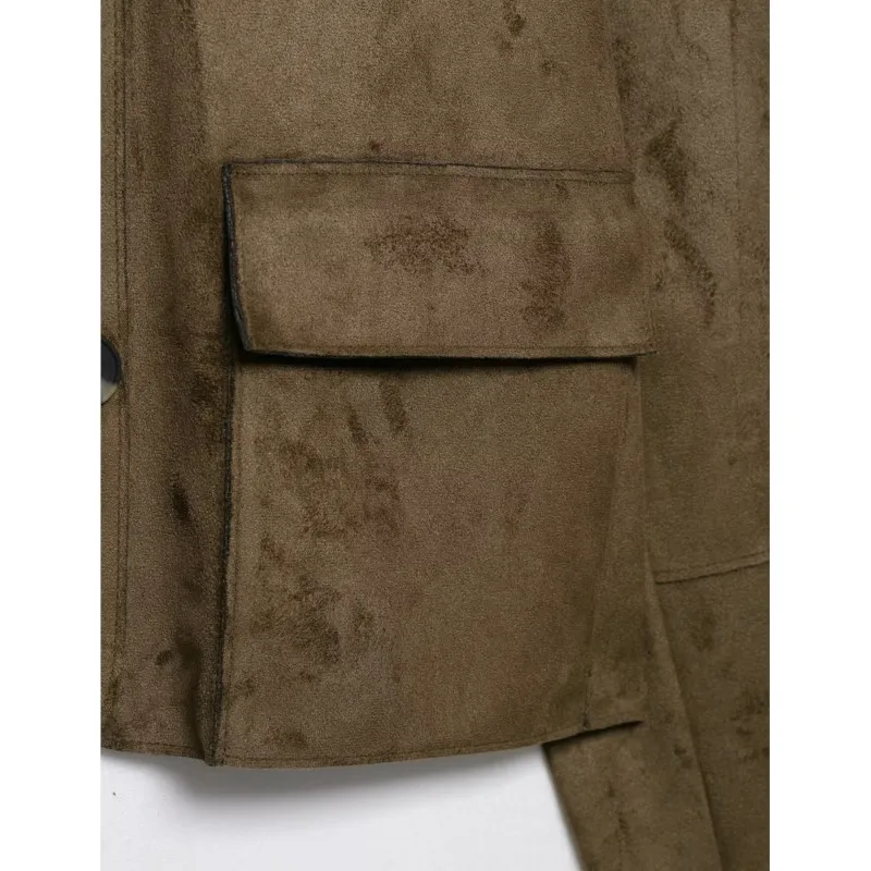 Damska krótka kurtka z imitacji zamszu HipSeam, zapinana na guziki, jesienna, z kołnierzykiem, długim rękawem, kieszeniami, prosta kurtka damska.