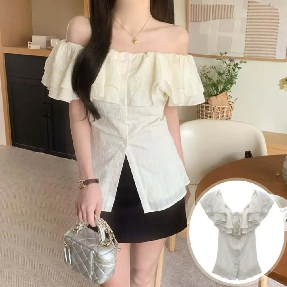 

Korean Boat Neck Off Shoulder Tops Shirt Ruffle Beige Short T-shirts Thin Ins Style Y2K Short Sleeves Tops Travel