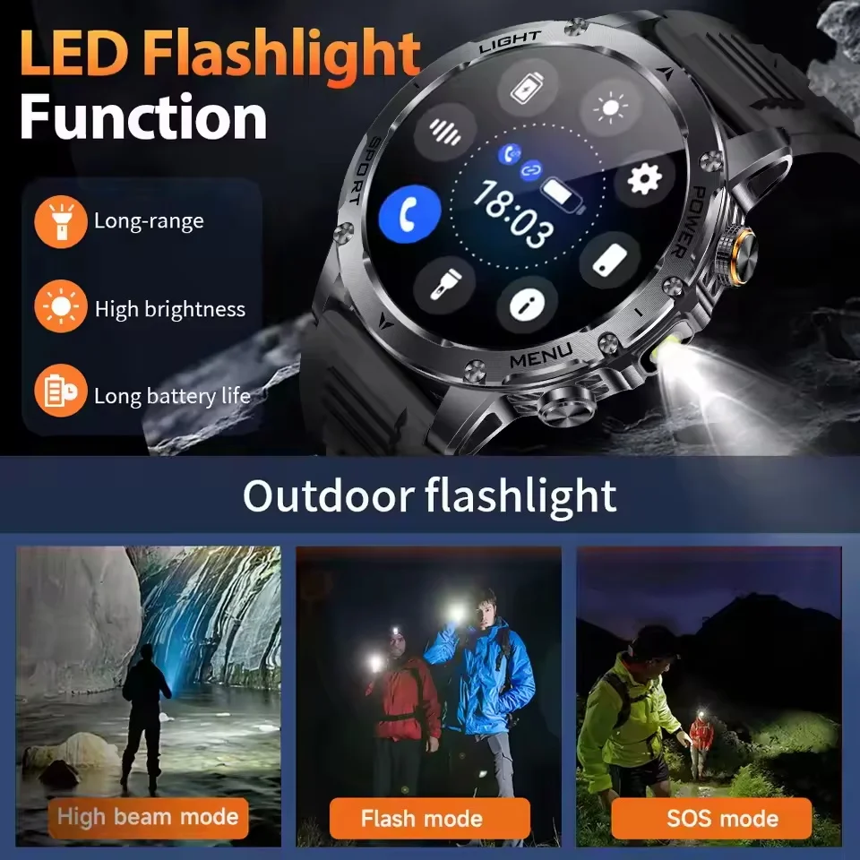 2025New Outdoor Militaire 1000mAh HD AMOLED SmartWatch Mannen Sport Fitness LED Zaklamp 5ATM Waterdichte Draadloze Oproep Smartwatch