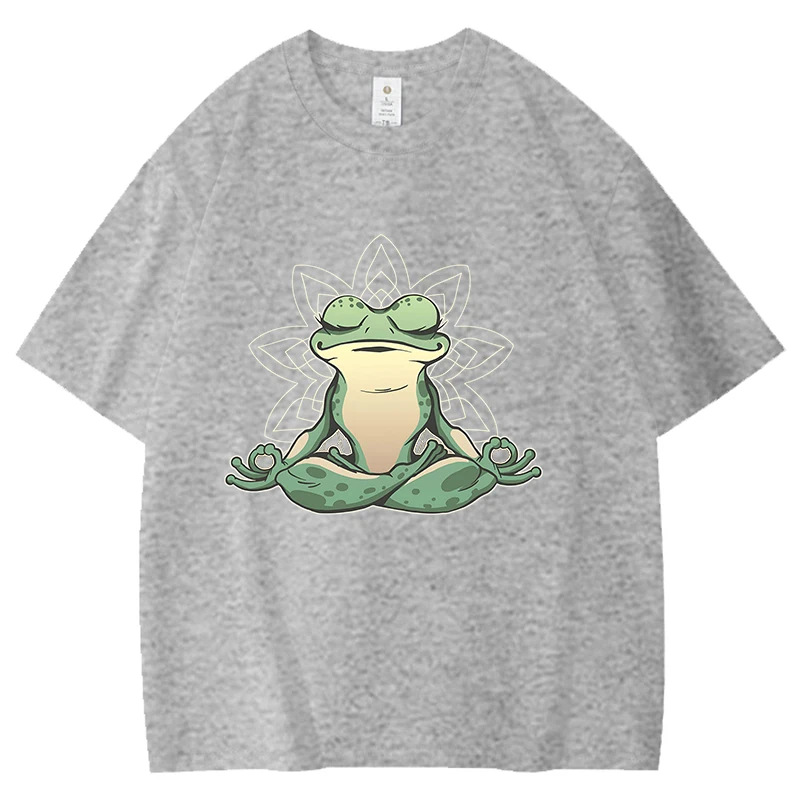 The Frog Meditating in Meditation Printed Cotton T-Shirts For Man Women Short Sleeve Tee Shirts Round Neck Casual Unisex Tops
