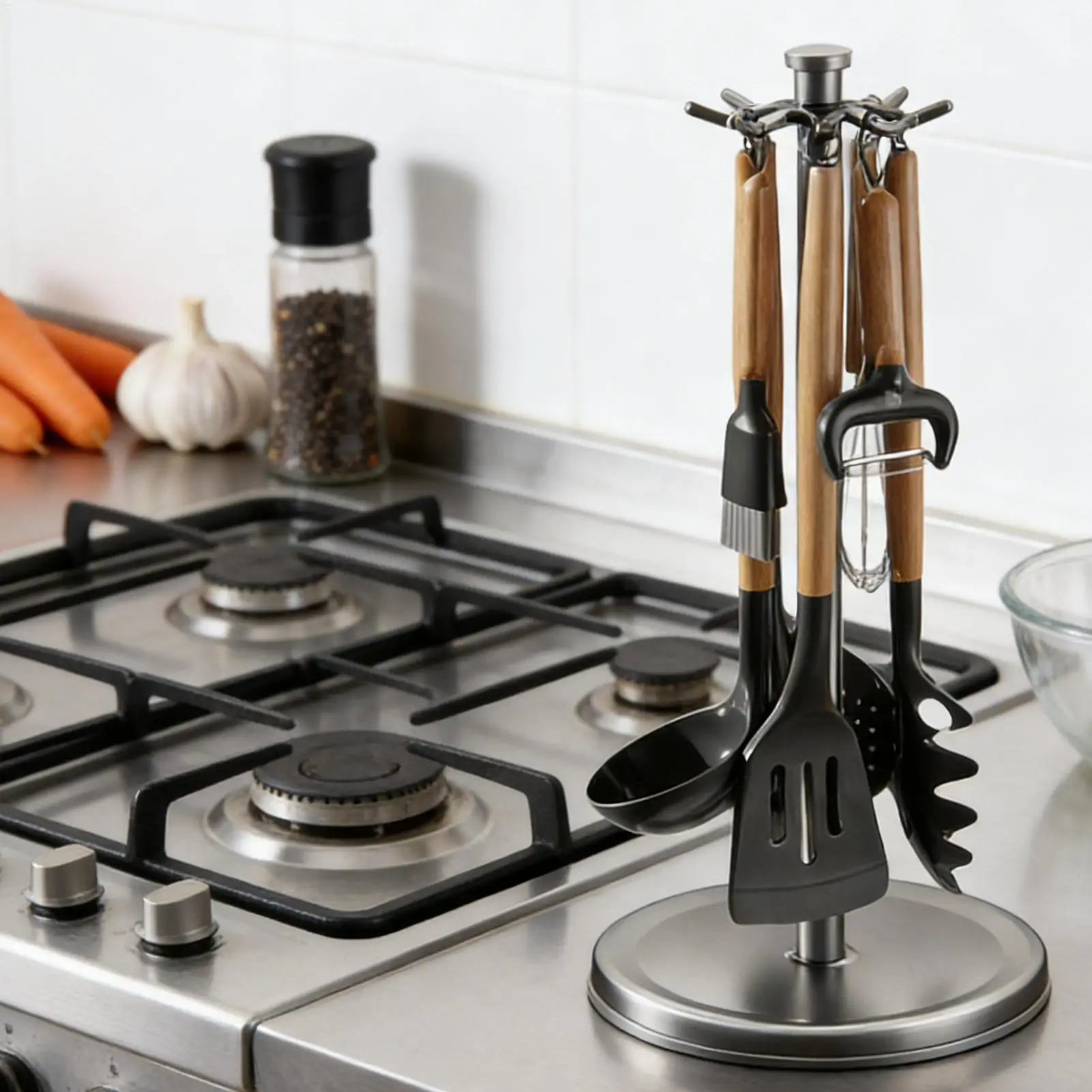 Rotating Utensil Holder with 8 Hooks 360-degree Rotation Cookware Holder Spoon Organizer Stirring Rod Organizer Rack for Kitchen