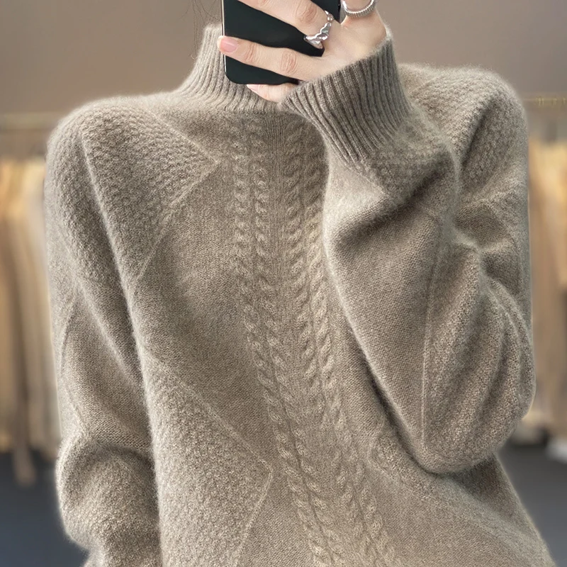 Autumn and Winter Women\'s Cashmere Wool Sweater Solid Knitted Loose Heat Keeping Half High Collar 100% Pure Wool Pullover Women\'