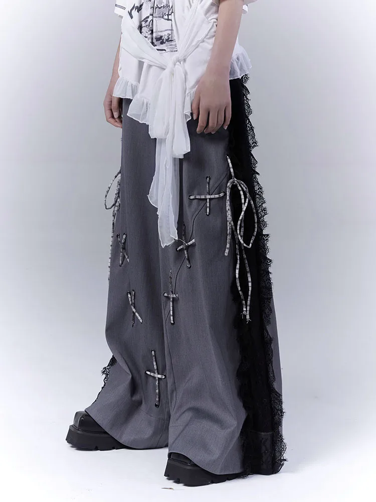 Chic Hollow Elegant Lace Splicing Lace-up Leisure Dark Gray Trousers Spring Summer Girls Simple Street Versatile Wide-leg Pants