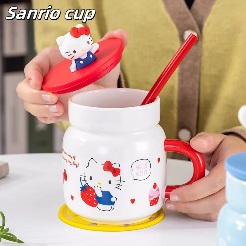 Taza de cerámica de hello kitty sanrio, vaso de paja de silicona con tapa, my melody, canela, perro, taza de agua, lindo Hogar, niña, regalo de cumpleaños, anime