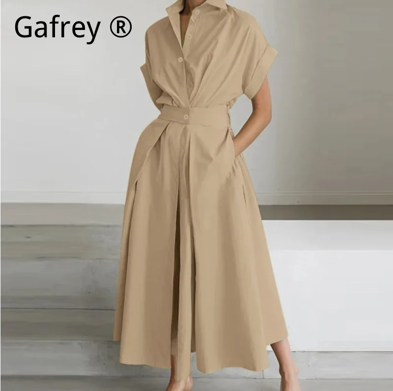 

Платье изо льна классического однотонного цвета 5XL-0XL с эластичной высокой талией, в стиле кардигана с коротким рукавом, больших размеров, для повседневной носки в стиле преппи