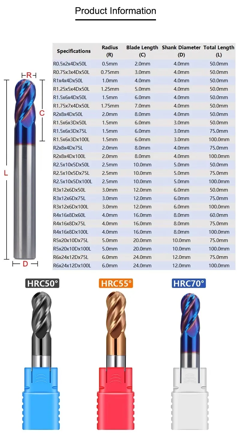 AZZKOR HRC50/55/70 Fräser für Stahlmaterial, 4-Schneiden-Kugelkopffräser, Hartmetall-CNC-Fräswerkzeuge R0,5-R6,0mm – Detail 2