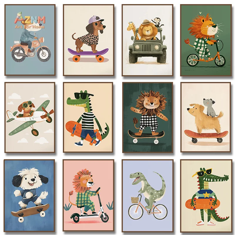AZNM Cartoon Animal Canvas Wall Art,Lion Dog Dinosaur Crocodile Sport Vehicle Unframed Canvas Poster for Kids Boys Bedroom Nurse