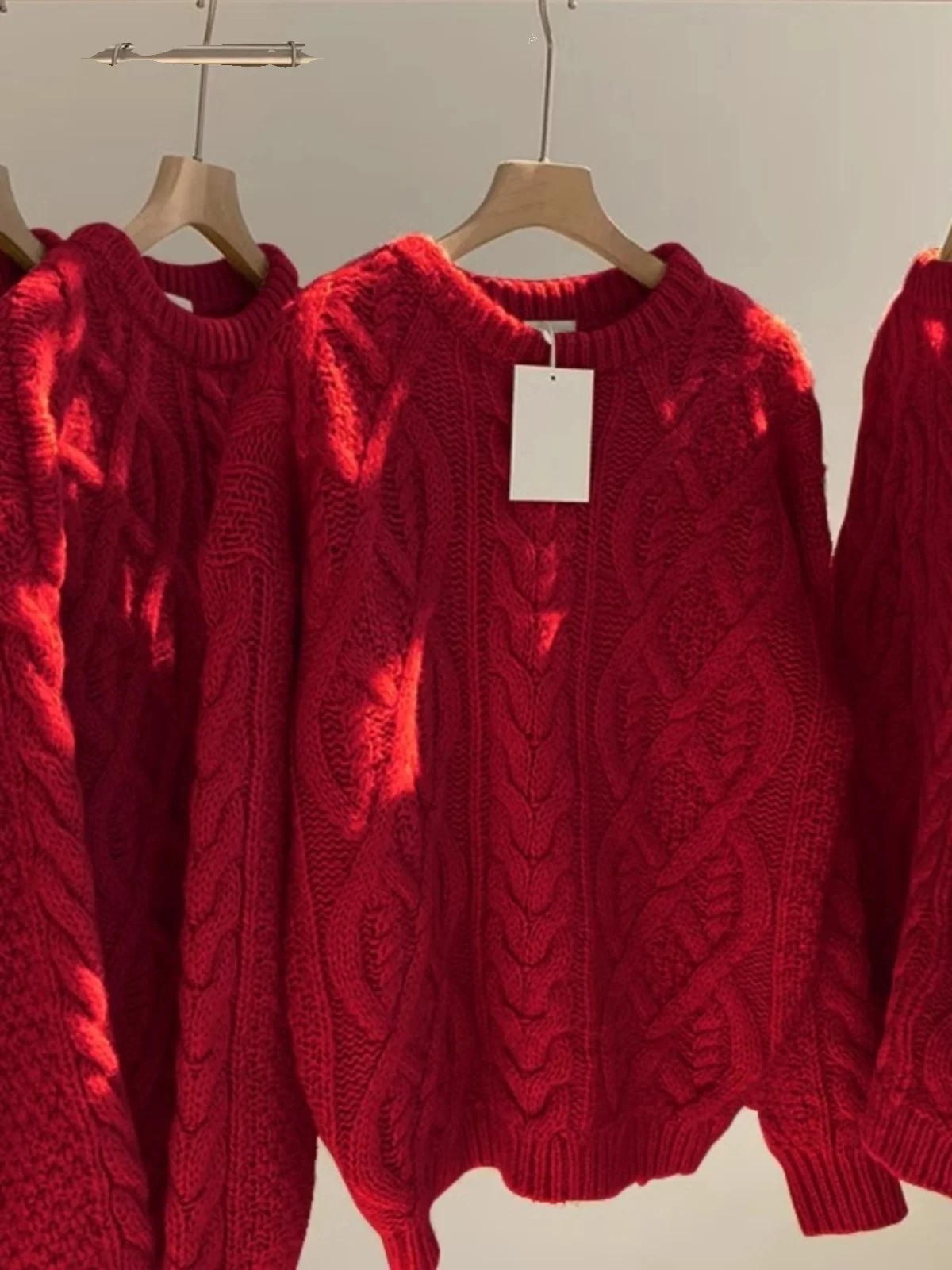 

Red Twist Knitted Sweater Women's Autumn Winter Heavy Work Thick Line Knitting Soft Cozy Long Sleeve round Neck Top for New Year