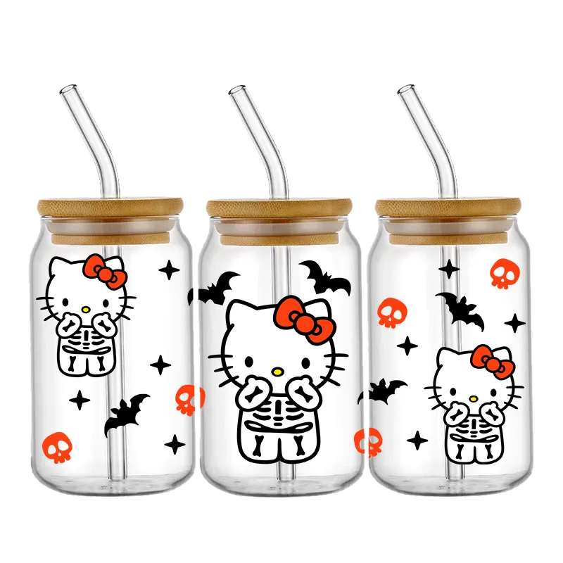 Miniso Halloween Terror Hello Kitty UV DTF Cup Wraps Transfer Sticker For 16OZ Glass Libbey Can Bottle Selfadhesive Washable