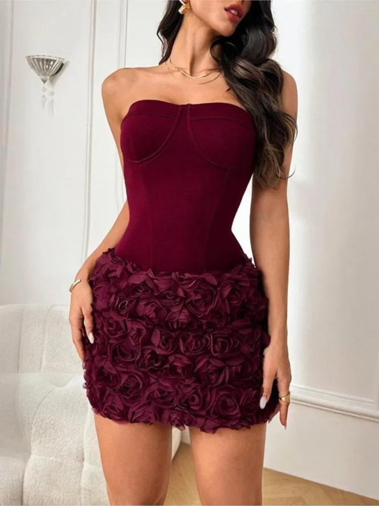 أكمام الكشكشة المرقعة ثلاثية الأبعاد زهرة Bodycon فستان قصير المرأة الصلبة مثير الزي فساتين الحفلات لخريف شتاء