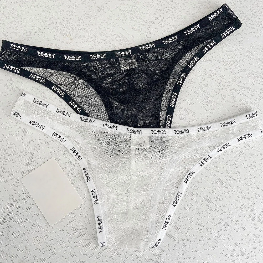 Men Jacquard Lace Sheer G-string Brief Half-covered Butt Pouch Underwear Thongs Transparent Lingerie Letters Underpants