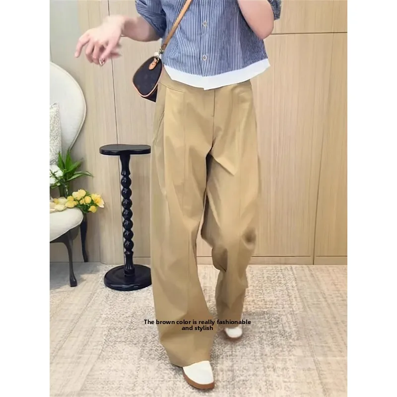 กางเกงขายาวลำลองสีกากีสำหรับผู้หญิง ไซส์พลัส ทรงหลวม ขาตรง เอวสูง ช่วยให้ดูผอม ทรงขากว้าง เหมาะกับรูปร่างคนอ้วน ไซส์ใหญ่ 200 ปอนด์