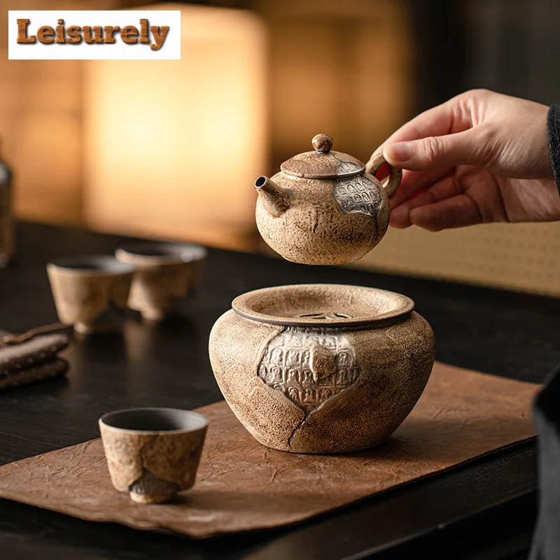 Handmade Old Rock Mud Thousand Buddhas Tea Set Complete Set Tea Ceremony Set Household Teapot and Tea Cup Set Cha Teaware Craft