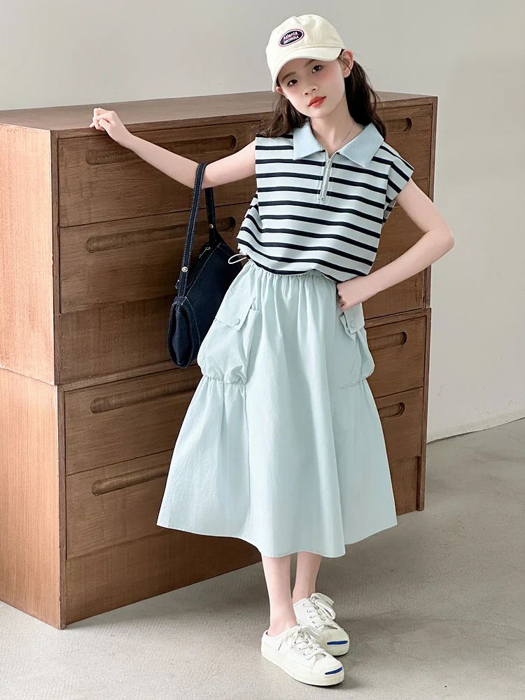 女子韓国風ストライプポロネック半袖ハーフスカートツーピースセット夏のおしゃれ服中学生向け