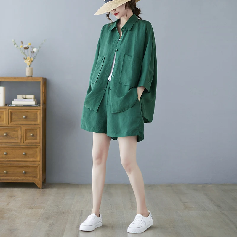 Été mince coton lin femmes irt et orts deux pièces ensemble grande taille coupe ample ort Sve tenue décontracté pour les femmes