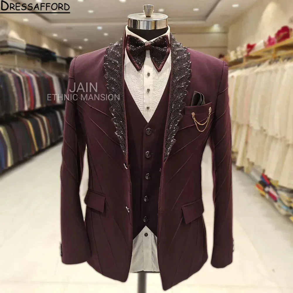 Burgundy Men's Suits Fashion 3 Pieces Sets Groom Prom Blazers Crystal Beading Decoration Tuxedos Men