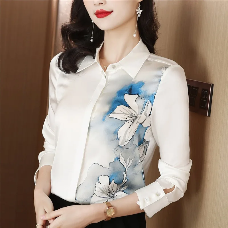Chemisiers Vintage pour femmes, chemises coréennes décontractées, mode ample, vêtements imprimés, manches longues, hauts en Satin pour femmes, printemps/été