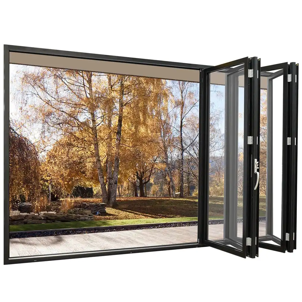 New Smart Black Glazed Accordion Sliding Bifold Aluminum Folding Glass Door Exterior