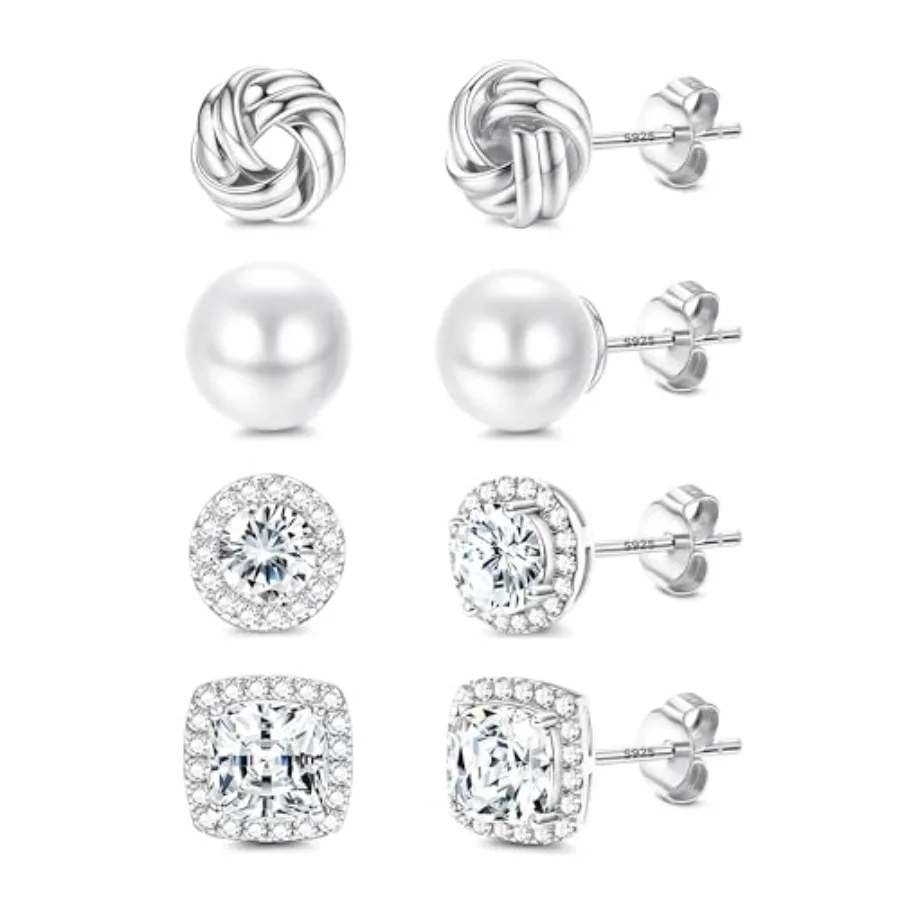 

FIBO STEEL Hypoallergenic Stud Earrings for Women - 4Pairs Sterling Silver Earrings 14K Gold Plated Big Simulated Pearl Love Kn