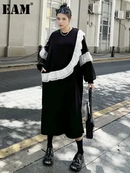 [EAM] Women Black Ruffles Spliced Big Size Long Casual Dress New Round Neck Long Sleeve Fashion Tide Spring Autumn 2024 1DH7701