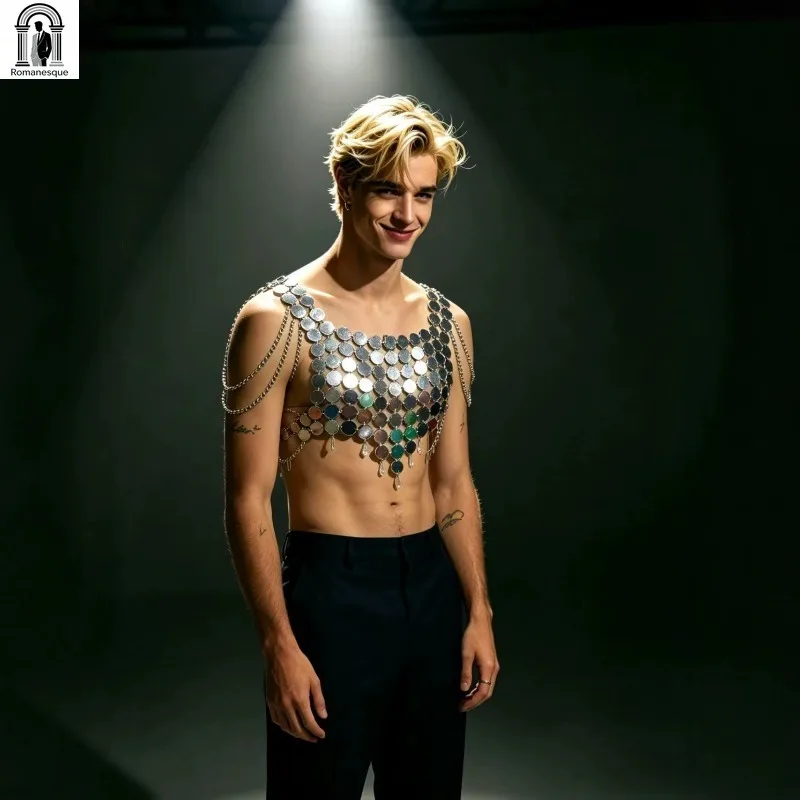 Men Shiny Sequins Chain Crop Top Shoulder Tassel Fringe Hollow Out Sleeveless Vest Rave Club Stage Performance Tank Top